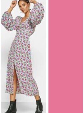 Topshop Floral Twist Front Long Sleeve Midi Dress Size 6 EUC